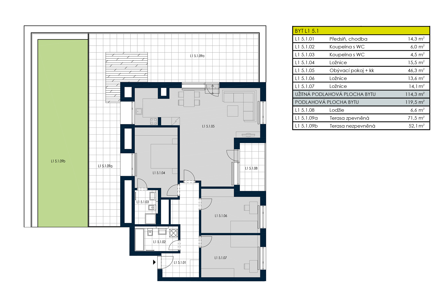 2D půdorys bytu 4+kk, Strnadových 1006/3, Praha 9 – 114,3 m²