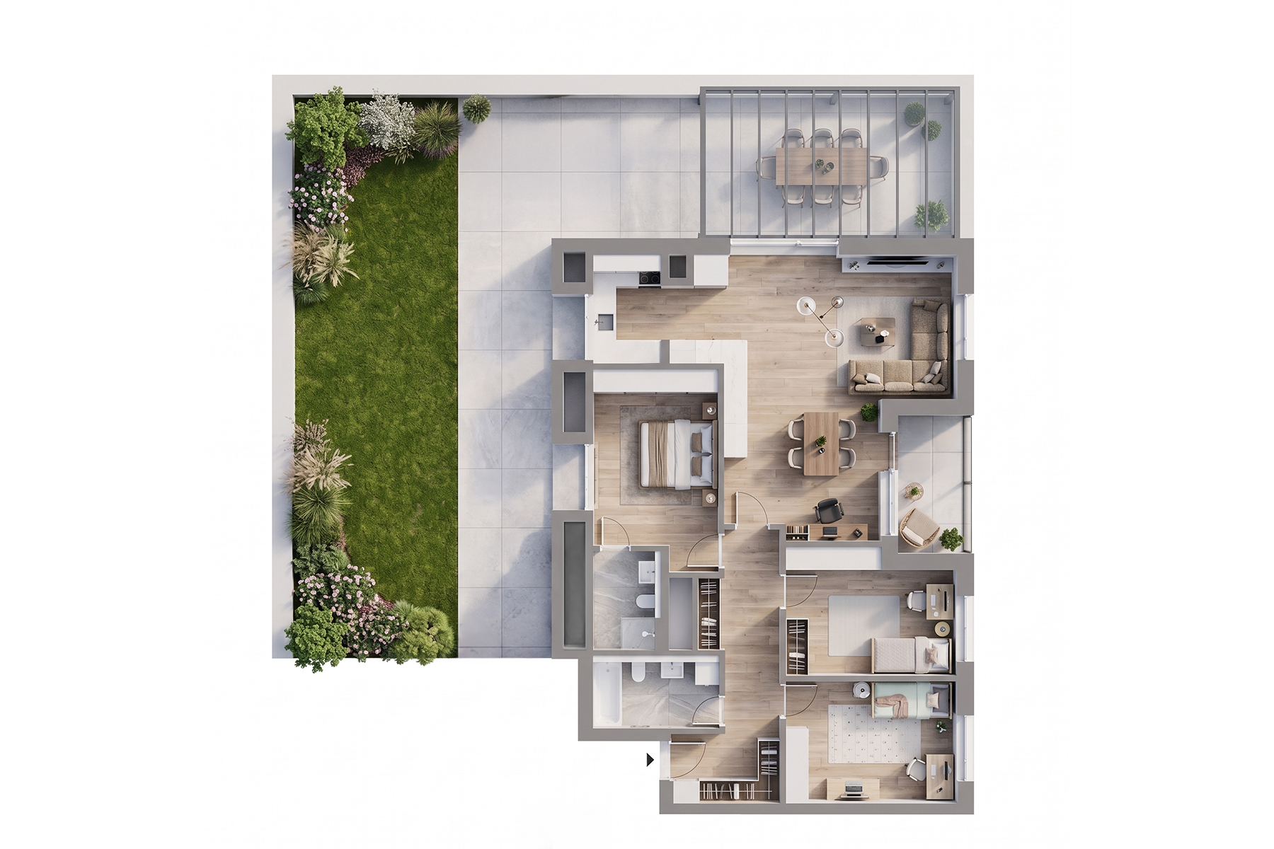3D vizualizace půdorysu bytu 4+kk, Strnadových 1006/3, Praha 9
